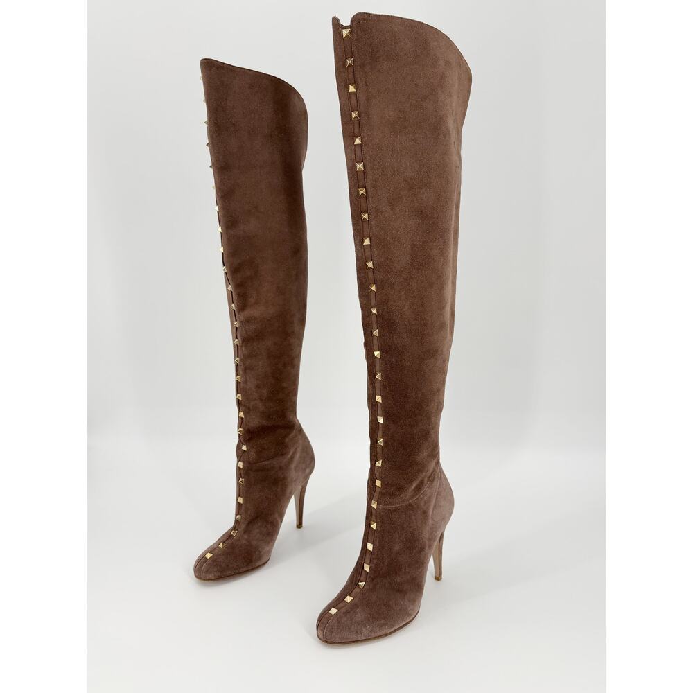 Valentino Rockstud Suede Over The Knee Boots Brown Knee High Stiletto Heel 37.5